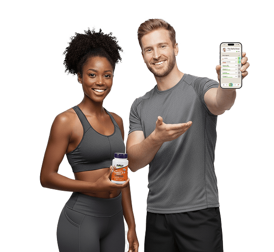 Two people with supplements and phone