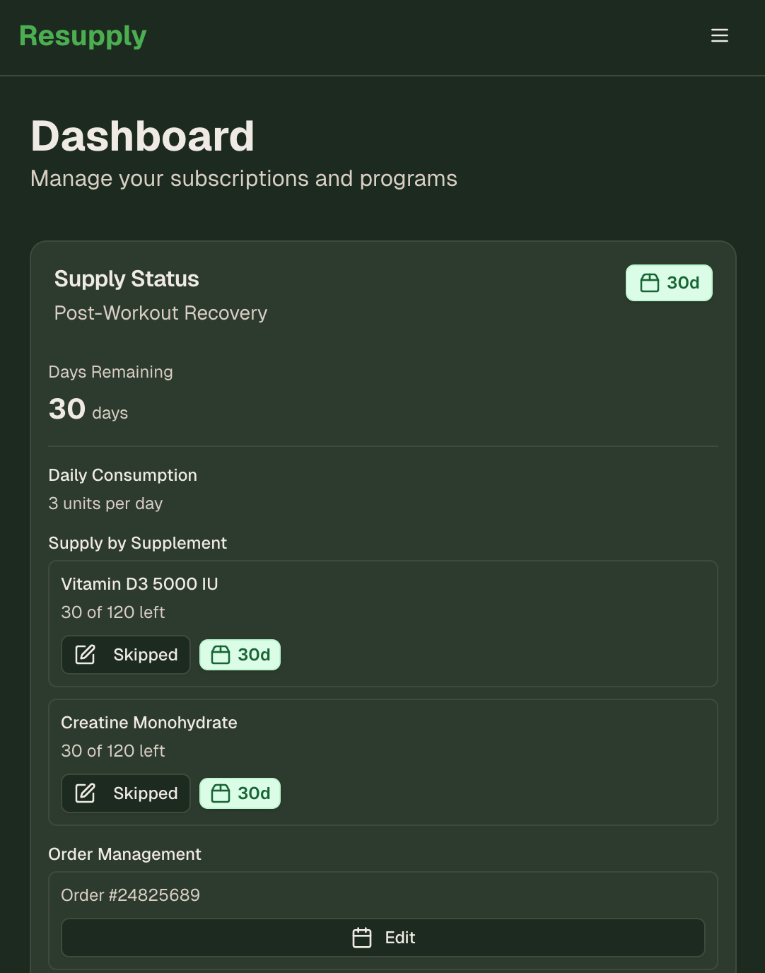 Resupply Dashboard - Live subscribers & earnings snapshot